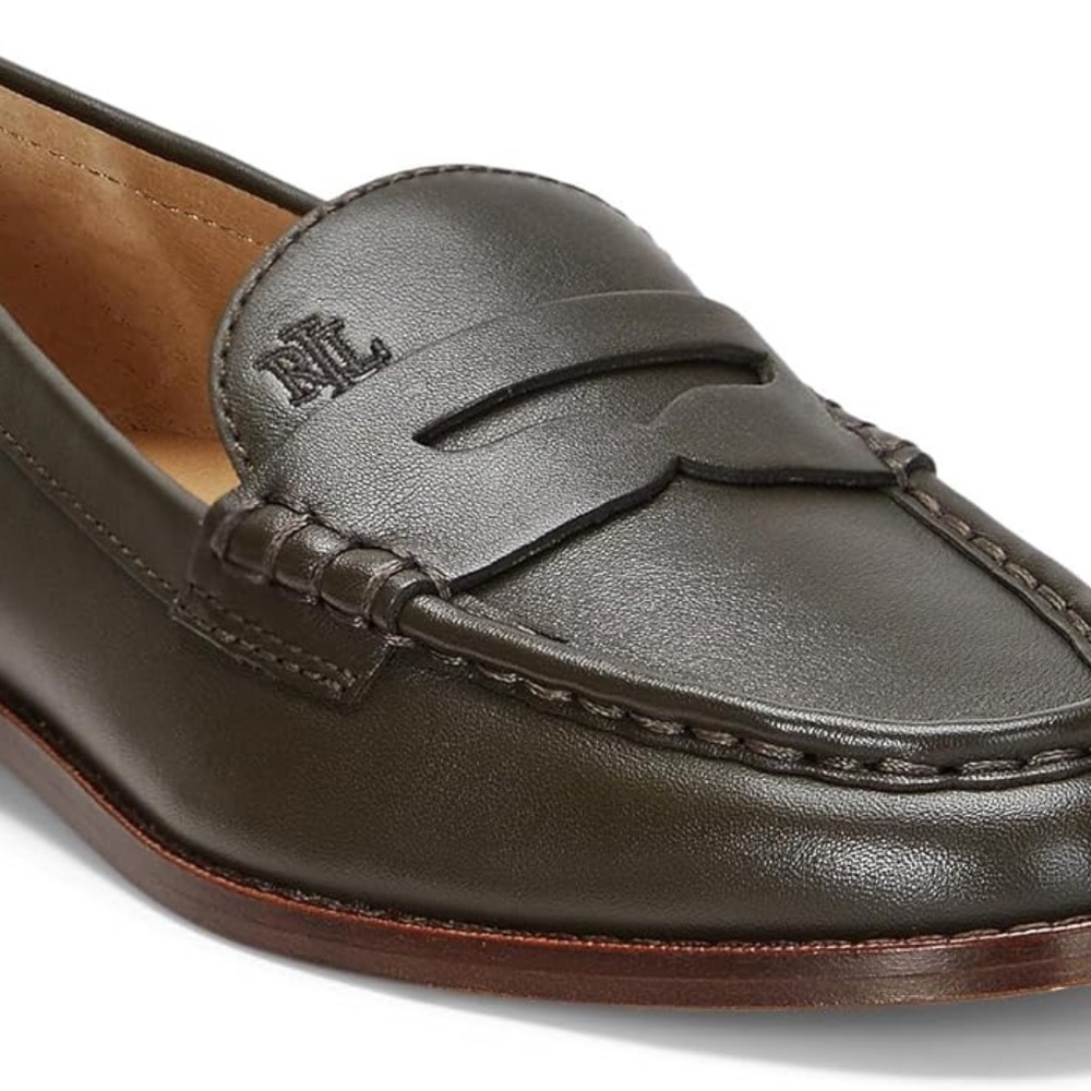 New! RALPH LAUREN Leather Loafers, Dark Olive, Size 9B